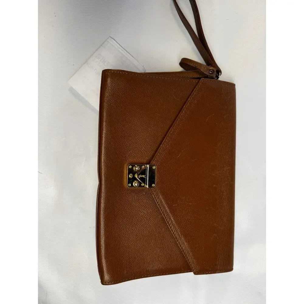 Vintage 1990s Yves Saint Laurent brown leather envelope clutch wrist strap - Picture 14 of 15